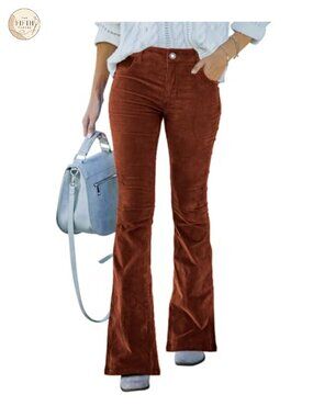 High Waist Stretch Corduroy Flared Pants Womens Tummy Control